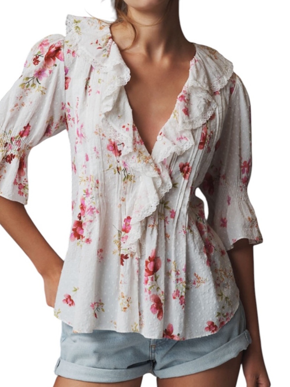 Anthropologie Pin tuck Ruffle button down floral print blouse size medium